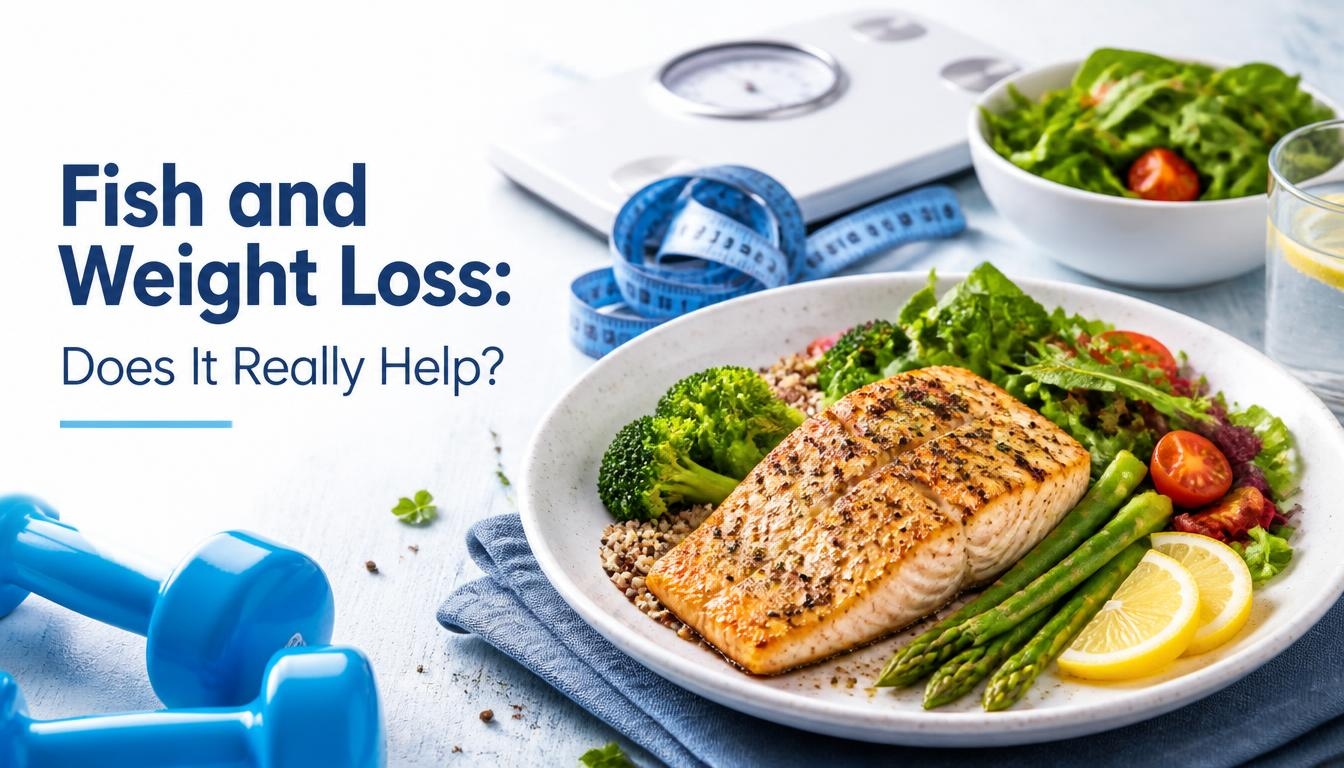 Grilled fish served with vegetables, grains, and lemon alongside dumbbells, a measuring tape, and a weighing scale, illustrating fish as part of a weight-loss diet.