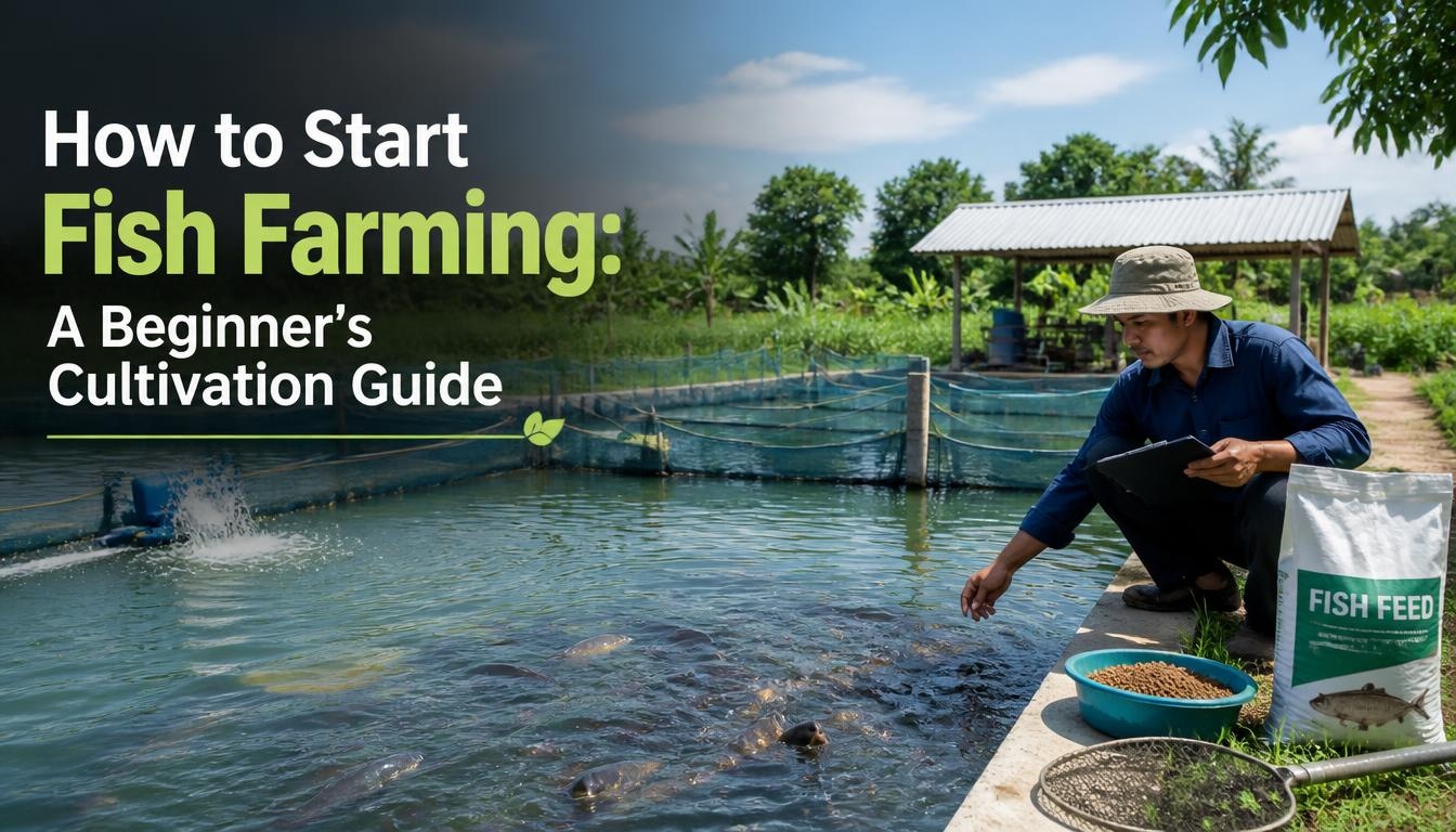 Farmer inspecting fish in a freshwater aquaculture pond surrounded by greenery, with the title “How to Start Fish Farming: A Beginner’s Cultivation Guide” displayed prominently.