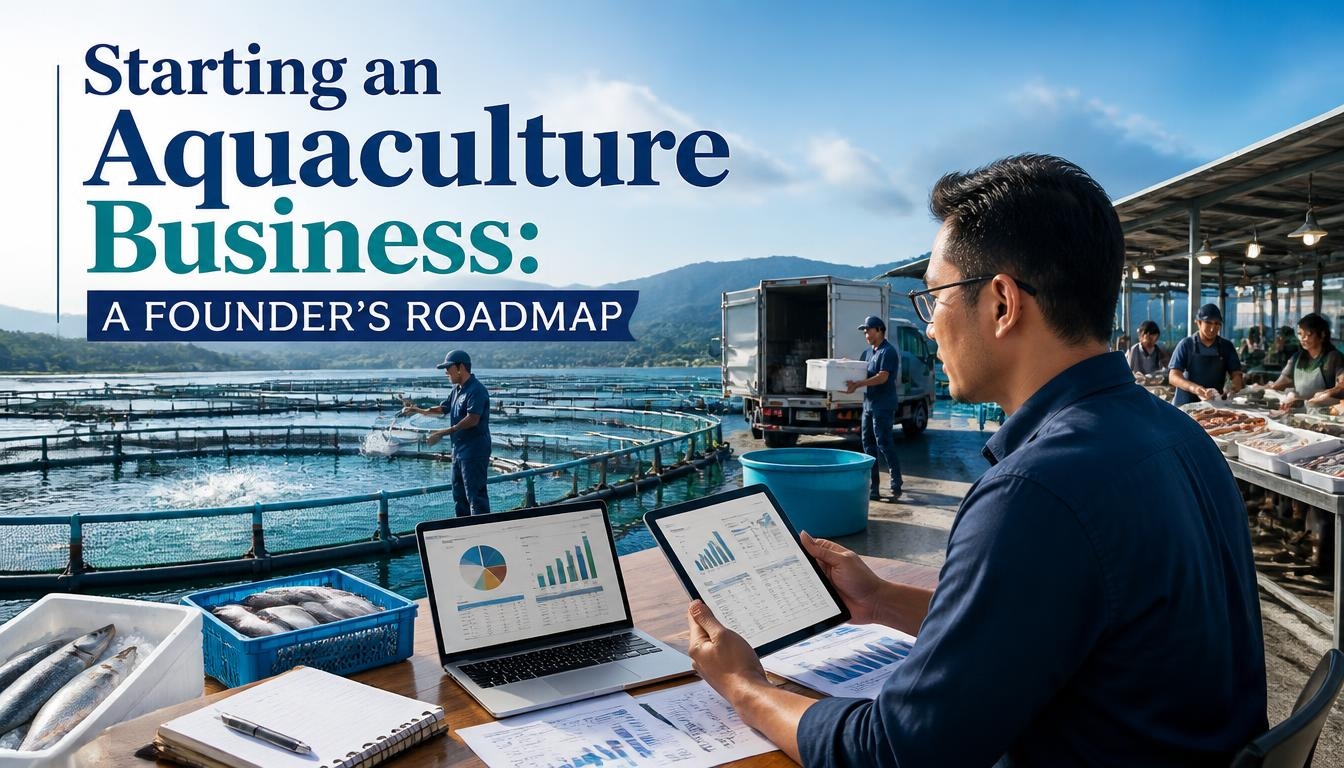 Starting an Aquaculture Business: A Founder's Roadmap, a modern aquaculture entrepreneur planning a fish farming business with production ponds, financial planning tools, market research, and supply chain management elements in the background.