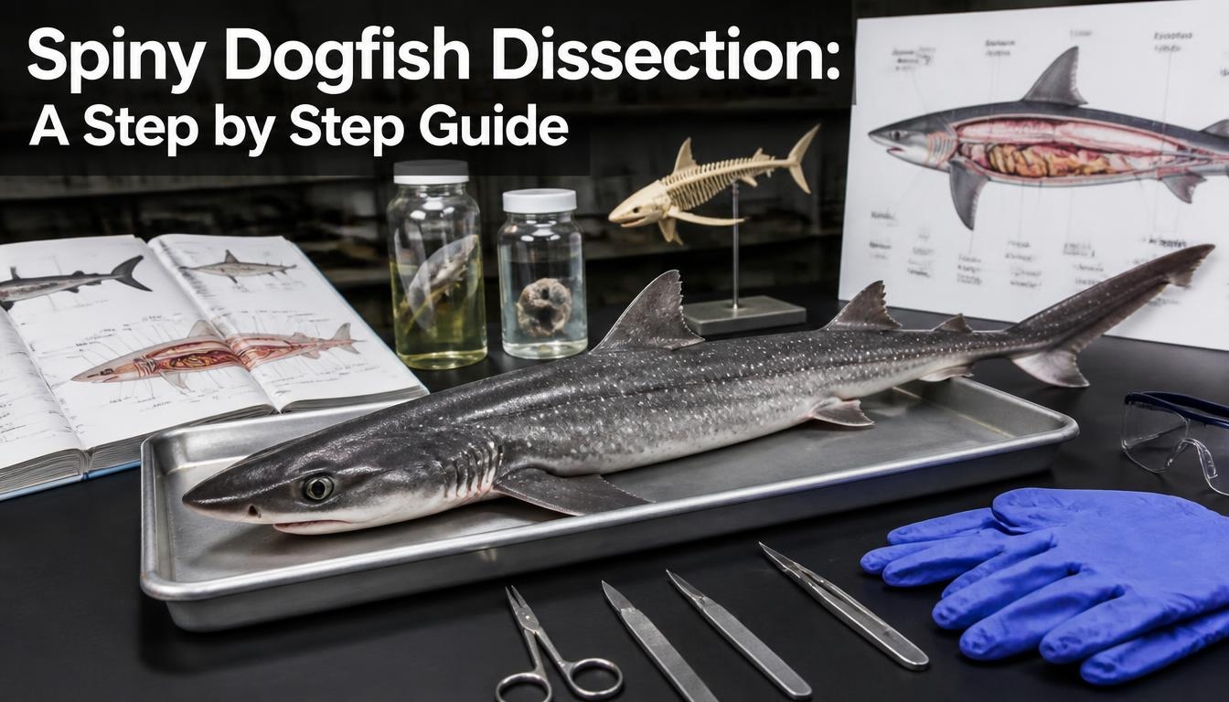 Spiny dogfish specimen prepared for dissection in a laboratory, surrounded by anatomy diagrams, dissection tools, gloves, preserved samples, and a shark skeleton model.