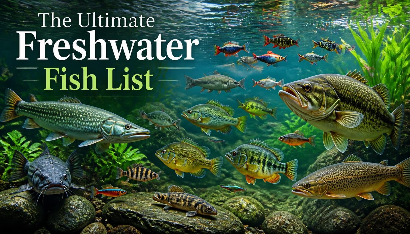 Underwater freshwater habitat featuring a variety of fish species, including bass, trout, catfish, sunfish, and smaller colorful freshwater fish among rocks and aquatic plants.
