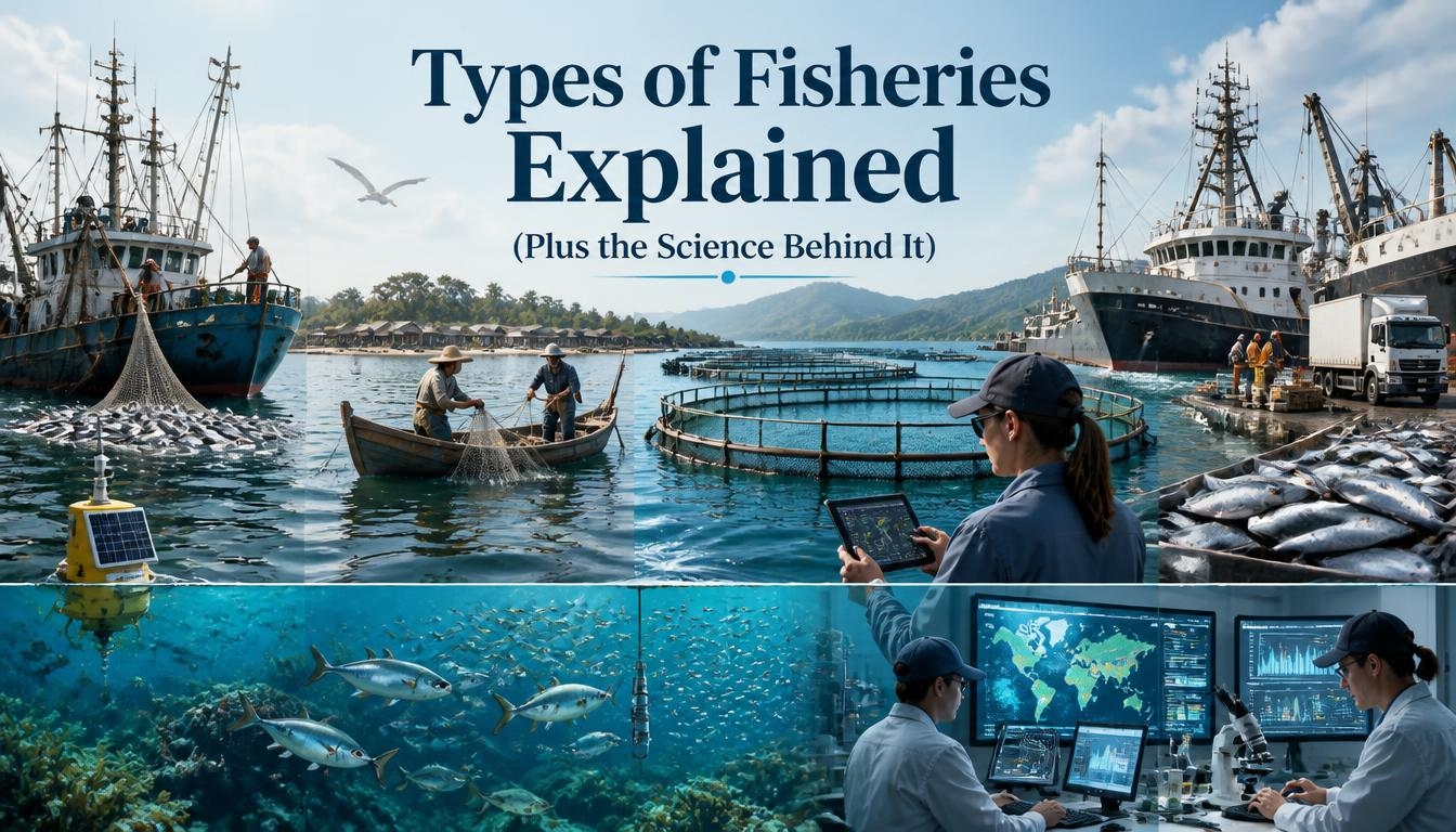 Different types of fisheries shown through commercial fishing boats, small-scale fishing, aquaculture cages, marine research, underwater fish populations, and fisheries data analysis.