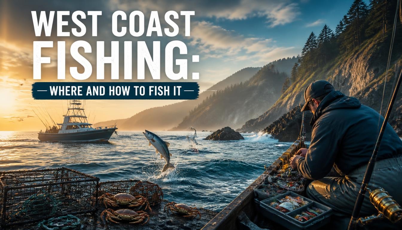 West Coast fishing scene with an angler preparing gear near a rocky coastline, a fishing boat offshore, a fish jumping from the water, and crab traps along the shore.