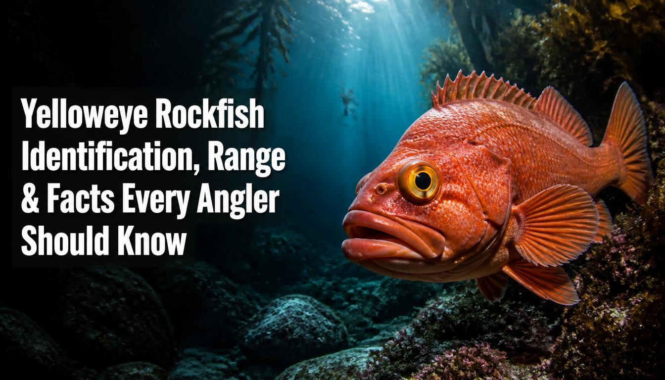 Yelloweye rockfish with a bright yellow eye and orange-red body swimming over a deep rocky Pacific reef, with space for a headline.