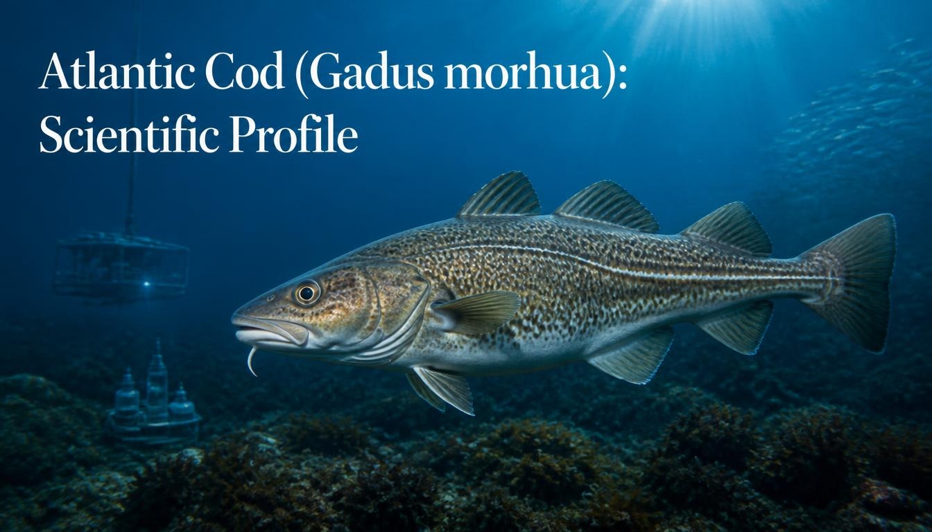 Underwater image of an Atlantic cod (Gadus morhua) swimming above a rocky seabed, with scientific equipment visible in the background. Text reads: “Atlantic Cod (Gadus morhua): Scientific Profile.”