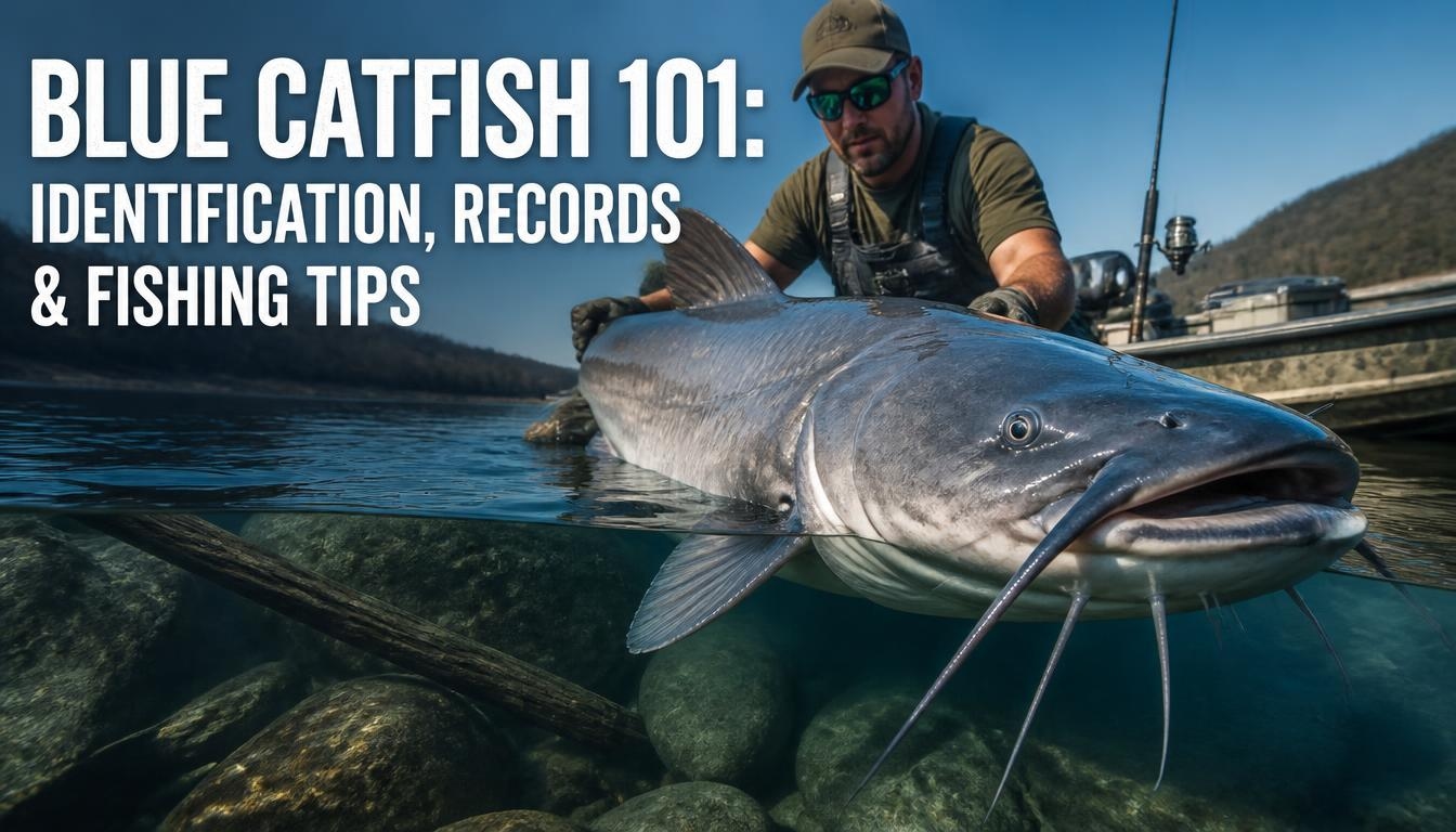 Angler holding a large blue catfish at the water’s surface beside a fishing boat, highlighting blue catfish identification, records, and fishing tips.