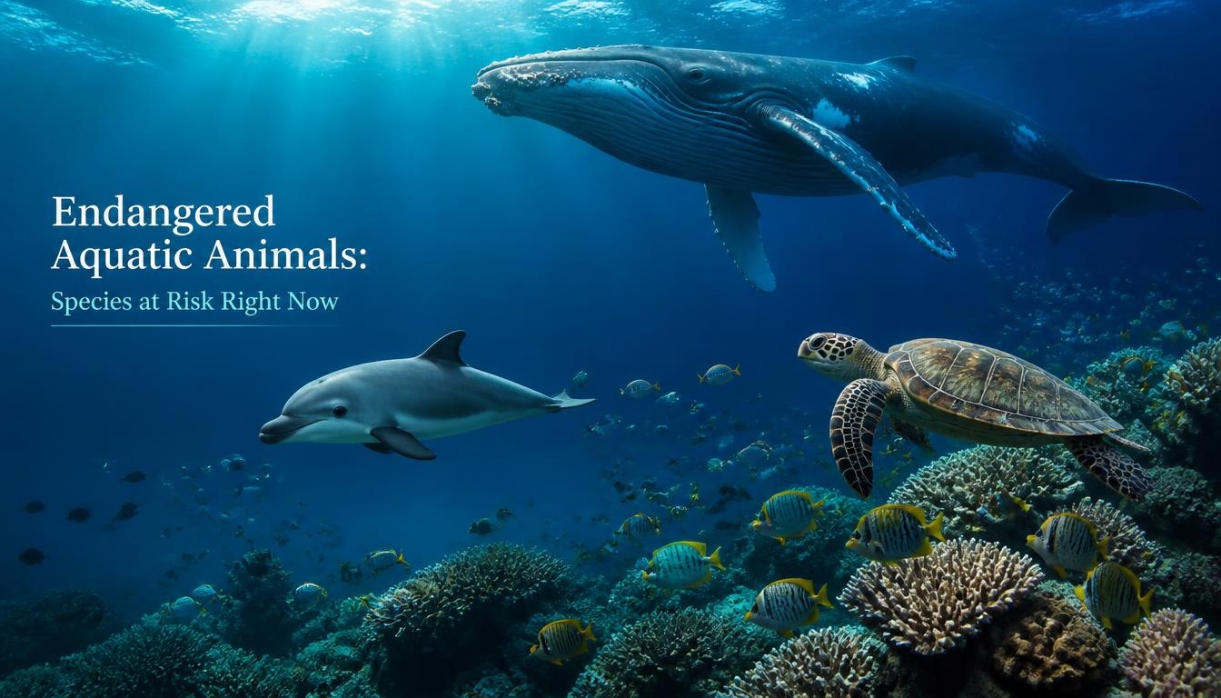 Underwater scene featuring a humpback whale, dolphin, sea turtle, coral reef, and tropical fish representing endangered aquatic animals and species at risk.
