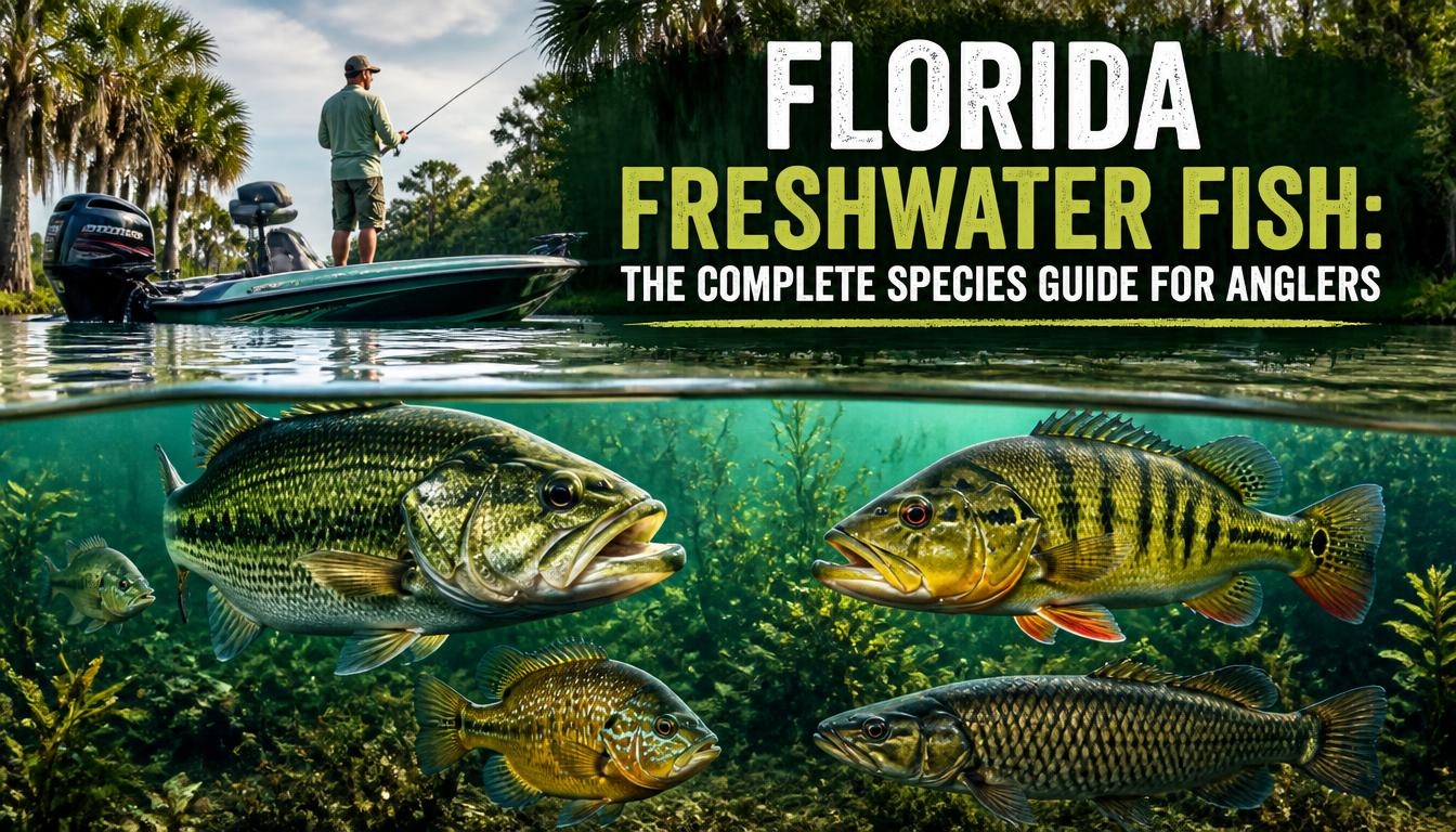 Florida freshwater fishing scene showing an angler on a boat above water and several freshwater fish species swimming below, including bass and other popular game fish.