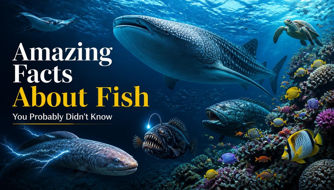Underwater marine scene featuring a whale shark, sea turtle, anglerfish, electric eel, reef fish, and colorful coral illustrating amazing facts about fish.