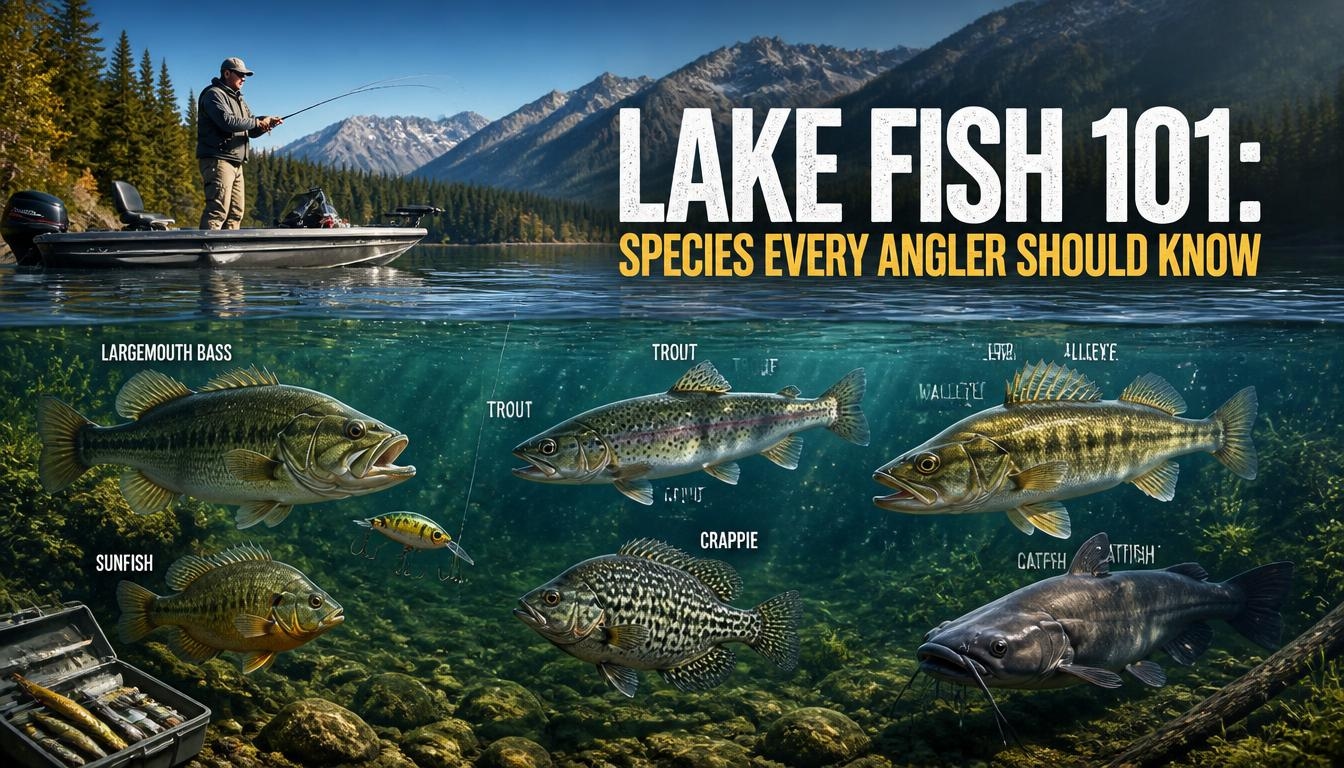 Lake fishing scene with an angler on a boat and common freshwater fish species underwater, including largemouth bass, trout, walleye, sunfish, crappie, and catfish.