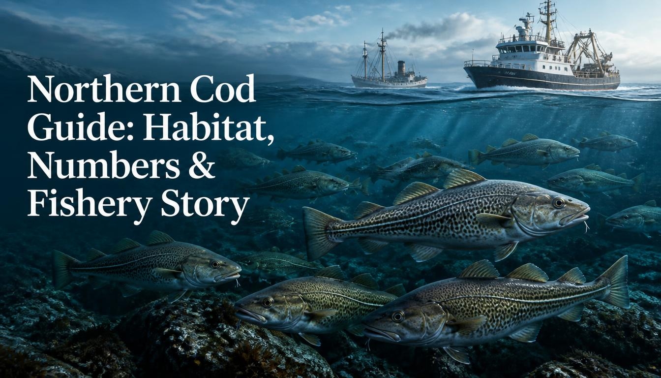 Banner showing a school of Northern cod swimming underwater over a rocky seabed, with two fishing vessels above the water. Large text reads: “Northern Cod Guide: Habitat, Numbers & Fishery Story.”
