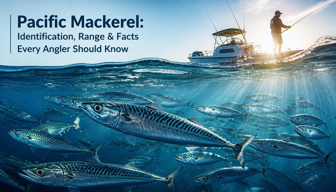 Pacific mackerel swimming in a large school beneath the ocean surface while an angler fishes from a boat above, illustrating the species’ identification, range, and fishing relevance.