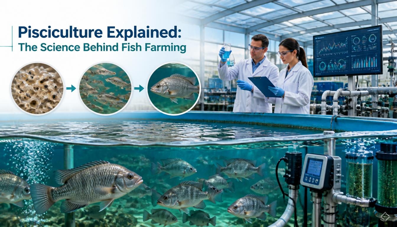 Pisciculture Explained: The Science Behind Fish Farming, a modern aquaculture research facility showing fish farming systems, hatchery tanks, water monitoring technology, and the scientific process of raising fish from eggs to mature production.