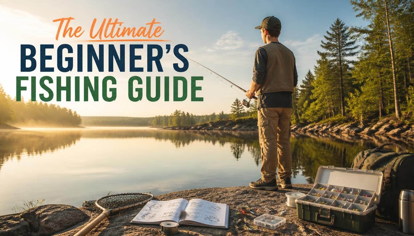 Beginner angler fishing from a rocky lakeshore at sunrise with a fishing rod, tackle box, net, and fishing guide laid out beside him.