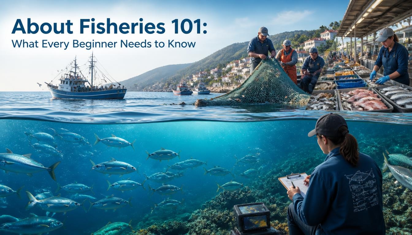 Fisheries 101 cover showing fishing boats, fishermen handling nets, a coastal fish market, underwater fish populations, and a fisheries researcher recording marine data.