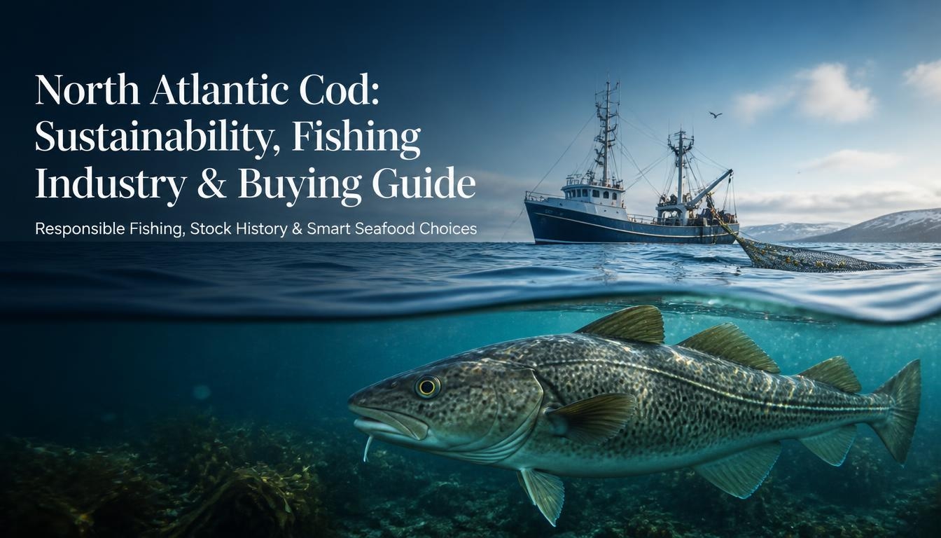 Banner featuring a North Atlantic cod swimming underwater beneath a fishing boat hauling a net, with Arctic mountains in the background. Text reads: “North Atlantic Cod: Sustainability, Fishing Industry & Buying Guide” and “Responsible Fishing, Stock History & Smart Seafood Choices.”
